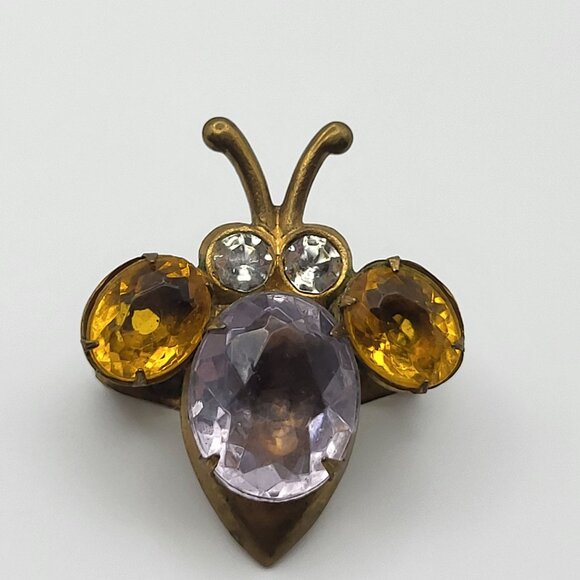 Vtg Jelly Belly Bee Shaped Brooch Rhinestone Details In Yellow & Purple On Brass - Picture 2 of 7